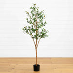 Nearly Natural 5' Artificial Olive Tree with Natural Trunk, Green Leaves and Faux Olives for Indoor Home Decor