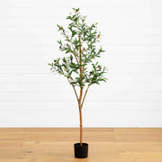 Nearly Natural 5' Artificial Olive Tree with Natural Trunk, Green Leaves and Faux Olives for Indoor Home Decor