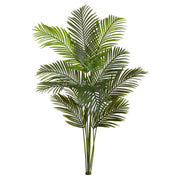 An artificial palm frond plant with multiple green leaves on a solid white background.