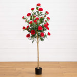 Artificial potted rose tree with red flowers on a white background