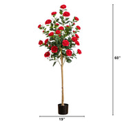 Tall artificial rose tree with red flowers and green leaves in a black pot, shown with height and width measurement markers on a white background.