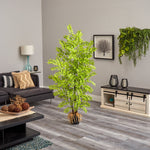 Living room with a large green plant, gray sofa, and decorative items.