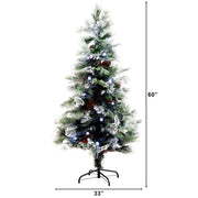 A 60-inch artificial Christmas tree with green needles, white faux snow, pinecones, and multicolor lights on a black metal stand, shown with height and width dimension lines on a white background.