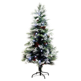 A pre-lit artificial Christmas tree with a white snow-dusted finish, decorated with pinecones and blue and white lights, standing on a black metal stand against a solid white background.