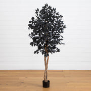 Nearly Natural 5-foot artificial Halloween black ficus tree with natural trunk.