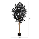 Artificial black tree styled with pumpkins and Halloween ornaments.