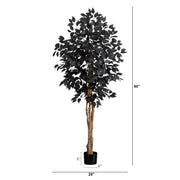 Artificial black tree styled with pumpkins and Halloween ornaments.