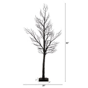 A tall artificial bare tree with a dark trunk and branching structure, shown on a white background with dimension labels indicating 60 inches height, 20 inches width, and 8 inches base width.