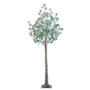 An artificial eucalyptus tree with silvery-green round leaves and a brown trunk, standing on a dark metal base against a plain white background.