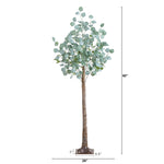 An artificial eucalyptus tree with a tall textured brown trunk and round pale green leaves, shown on a white background with height and base dimension callouts.
