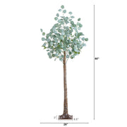 An artificial eucalyptus tree with a tall textured brown trunk and round pale green leaves, shown on a white background with height and base dimension callouts.
