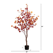Artificial tree with autumn-colored leaves and measurements on a white background