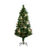 A pre-lit artificial Christmas tree with green needles, warm white starburst string lights, and a black metal stand, isolated on a white background.
