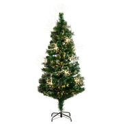 A pre-lit artificial Christmas tree with green needles, warm white starburst string lights, and a black metal stand, isolated on a white background.