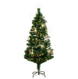 A pre-lit artificial Christmas tree with green needles, warm white starburst string lights, and a black metal stand, isolated on a white background.