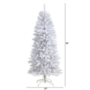 White artificial Christmas tree with measurements on a white background