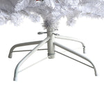 White metal Christmas tree stand with a white artificial Christmas tree on a white background