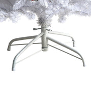 White metal Christmas tree stand with a white artificial Christmas tree on a white background
