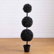 Nearly Natural Pre-Lit UV Resistant Artificial Black Triple Ball Boxwood Topiary with LED Lights for Indoor & Outdoor Halloween Decor, 5'