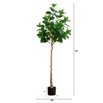 Tall artificial potted tree with green leaves and a brown trunk in a black pot, shown on a white background with height, width, and trunk depth dimension lines labeled 72 inches, 26 inches, and 7 inches.