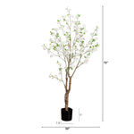 An artificial flowering tree with white blossoms and small green leaves in a black pot, shown with height and width measurement markers on a white background.