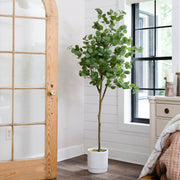 Nearly Natural 6' Artificial Eucalyptus Tree with White Decorative Planter, Green Foliage