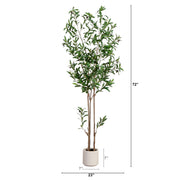 Tall artificial potted plant with green leaves and brown stems in a light beige pot, shown on a white background with height and width dimension markers.