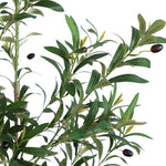 Artificial olive branch with green leaves and dark purple-black olives on a white background.