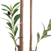 Artificial olive branch faux foliage with green leaves, a dark olive pit, and faux bamboo stalks on a white background.