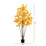 Artificial tree with yellow leaves and measurements on a white background