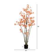 Artificial plant with orange leaves and dimensions on a white background