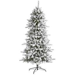 A flocked artificial Christmas tree with white snow-like dusting and dark green needles, standing on a black metal stand against a plain white background.