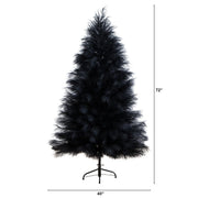 Black artificial Christmas tree on a black metal stand, shown with height and width dimension markers indicating 72 inches tall and 40 inches wide, on a white background.