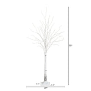 A white artificial tree decoration with bare branches and a square base, shown on a white background with dimension labels indicating 72 inches tall, 27 inches wide, and 3.5 inches from the top of the trunk to the base.