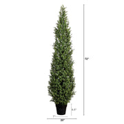 Tall artificial boxwood tree in a black plastic pot with height and width dimension markings on a white background.