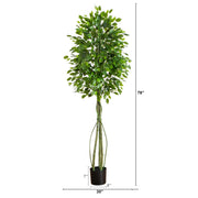 Tall artificial leafy tree in a black planter with dimension labels showing 78 inches height, 30 inches width, 7 inches trunk depth, and 8 inches pot depth on a white background.