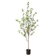 An artificial leafy tree with green foliage and brown branches, potted in a black plastic bucket, shown against a plain white background.