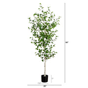 An artificial birch tree with green leaves and a light-colored trunk in a black pot, shown with height and width dimension markers on a white background.