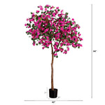 An artificial flowering tree with bright pink blossoms and green leaves on a brown trunk, shown in a black pot with height and width measurement markers on a white background.