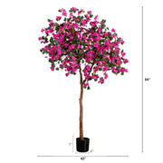 An artificial flowering tree with bright pink blossoms and green leaves on a brown trunk, shown in a black pot with height and width measurement markers on a white background.