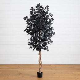 Nearly Natural 7-foot artificial Halloween black ficus tree with natural trunk.