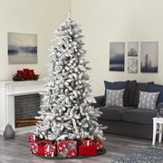 Frosted Christmas tree with presents in a living room setting