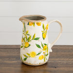 Rustic lemon print decorative vase with handle and spout