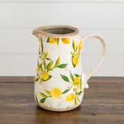 Rustic lemon print decorative vase with handle and spout