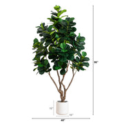 An artificial fiddle-leaf fig tree in a white cylindrical pot, shown with dimension lines indicating a height of 96 inches, width of 48 inches, and pot diameter of 10 inches, on a white background.
