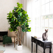 A large artificial fiddle-leaf fig plant in a white pot, styled in a bright, modern room next to a window with sheer curtains, with a grey cat sitting on a black console table.