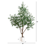 An artificial potted olive tree with green leaves and brown branches, shown on a white background with height and width dimension markers indicating 96 inches tall, 48 inches wide, and a 10-inch pot diameter.
