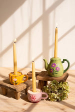 Kalalou Set of 3 Ceramic Teapot & 2 Cup Taper Candle Holders Multicolor 4"H