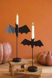 Distressed black bat candle holders in two sizes for Halloween decor