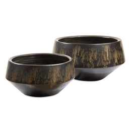 Uttermost 18191 Bronze Duo Ceramic Vases White Set of 2 with Greenish Ivory Drip Glaze